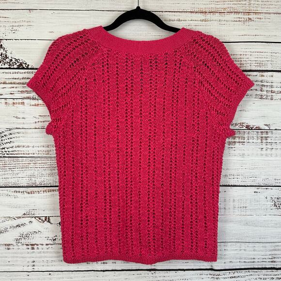 Women's Tweeds Hot Pink Open Knit 1 Button Cardigan Cap Sleeve Career Casual L - Picture 2 of 5